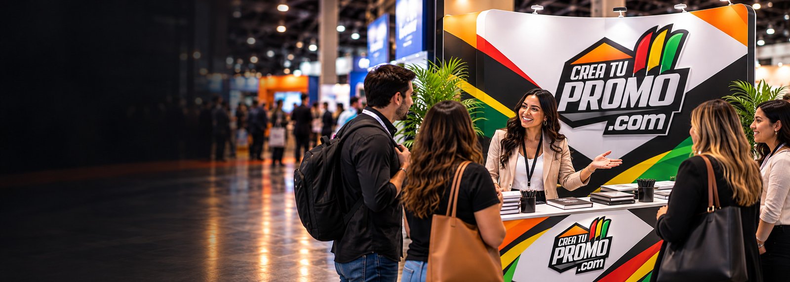 Clienta y visitantes frente a exhibidor de Crea Tu Promo en una convención